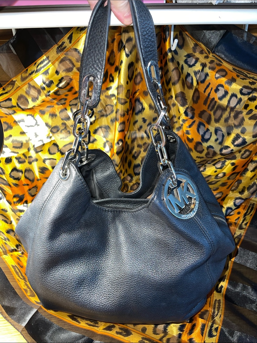 Michael Kors Navy Pebbled Leather Chain-Handle Hobo